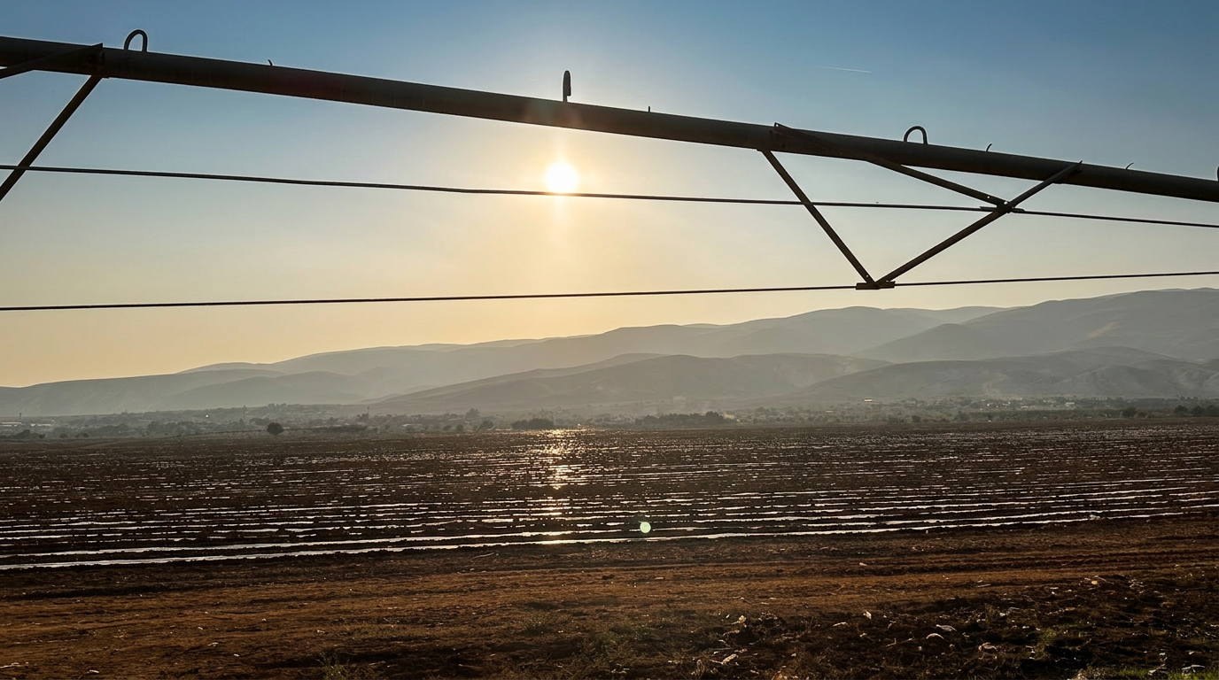Freshly furrowed beds under the center-pivot, with the eastern hills of the Jordan Valley beyond.