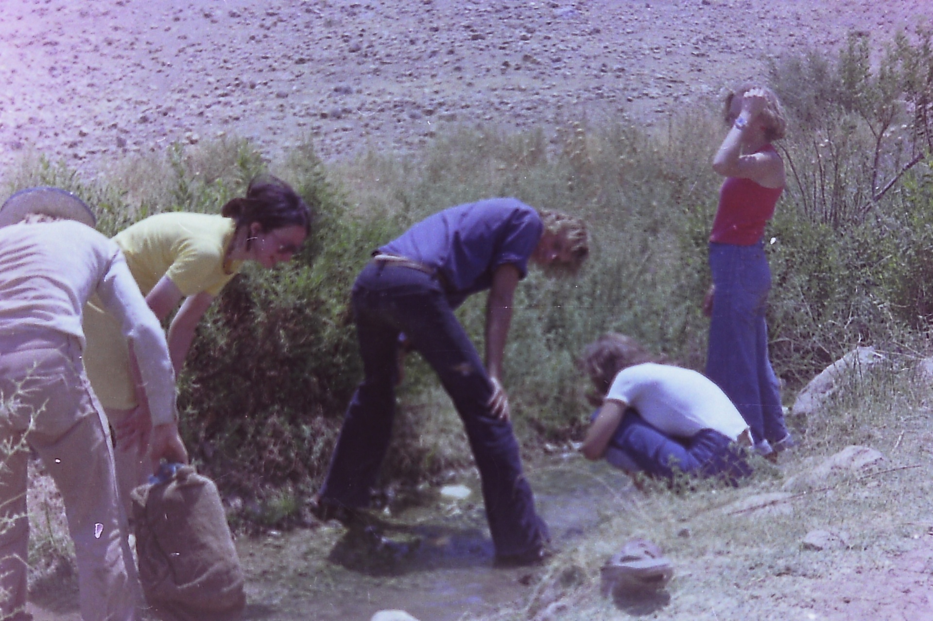 Visitors and volunteers gathered by a stream in Fasayel.