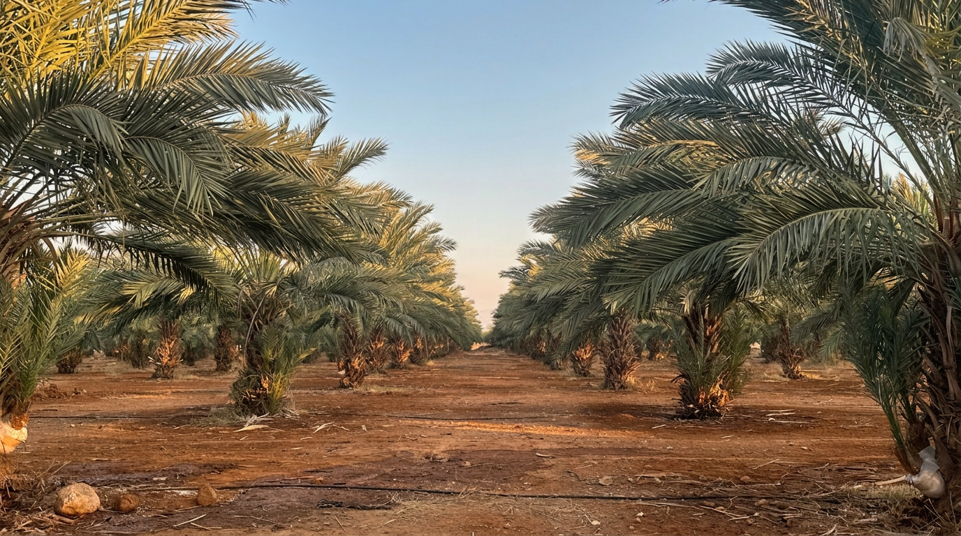 Down the avenue of a Medjoul date orchard at first light — Fasayel, today.