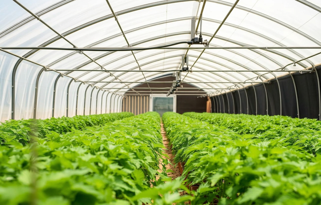 Fasayel Farms climate-controlled greenhouse with rows of vegetables