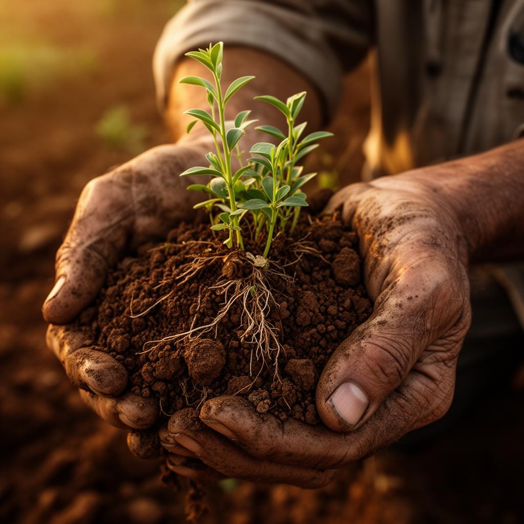 Weathered farmer's hands cradling rich Palestinian earth with a young green shoot